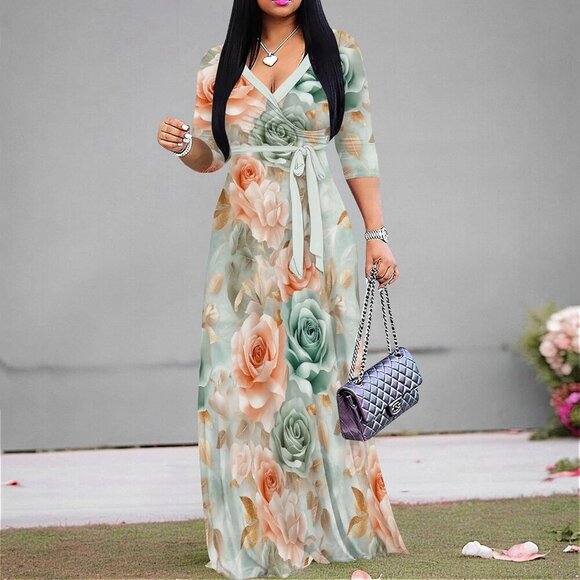 Women's Plus Size Maxi Dresses 3/4 Sleeves Bohemian Long Dress Printed Swing Dre - Picture 4 of 6